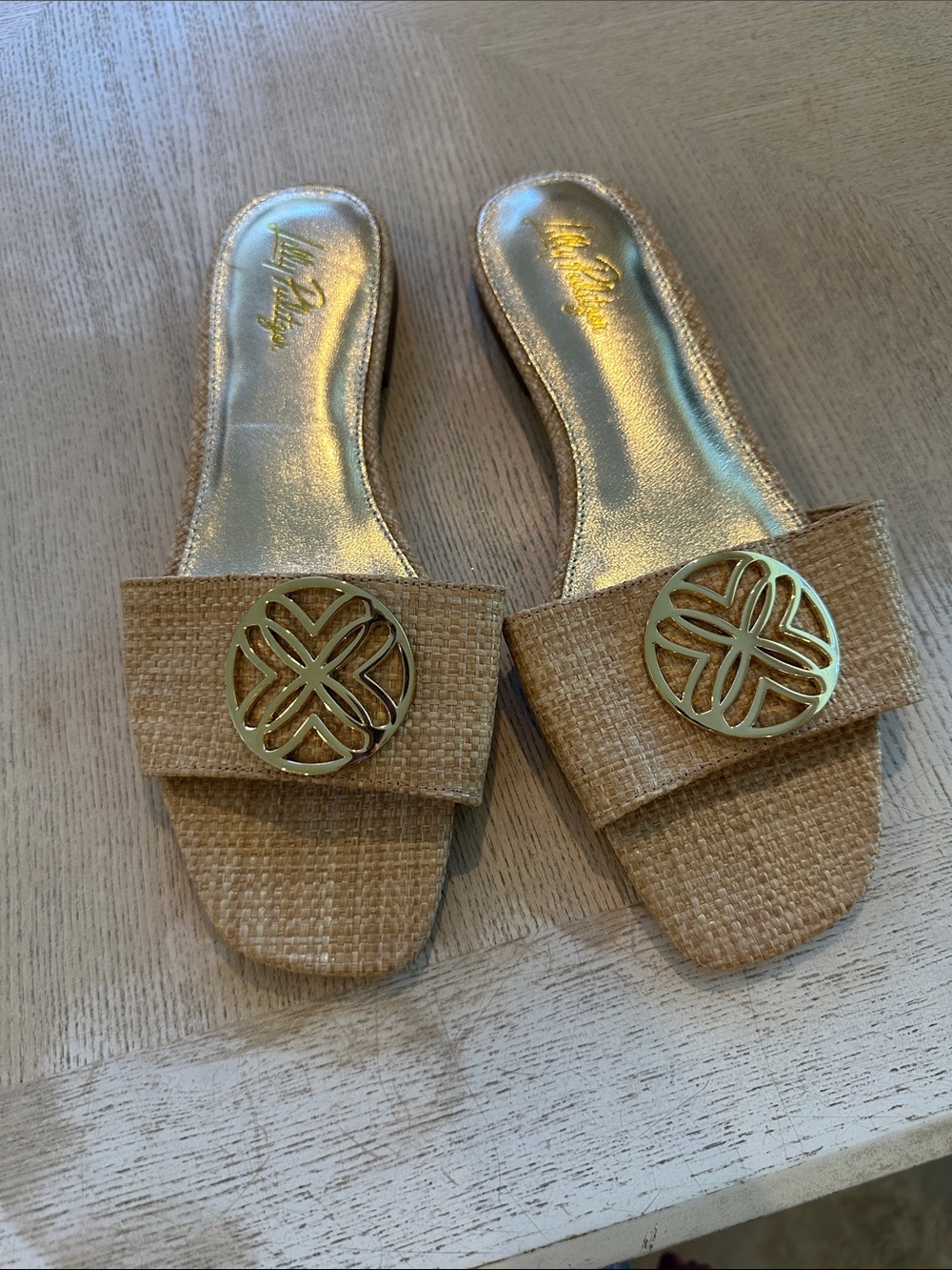 Lilly Pulitzer Tan Woven Slide Mules with Gold Medallion Accents
